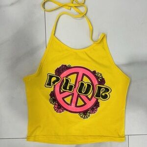 Too Fast P.L.U.R. Peace Graphic Yellow Halter Crop Top.  Sz L